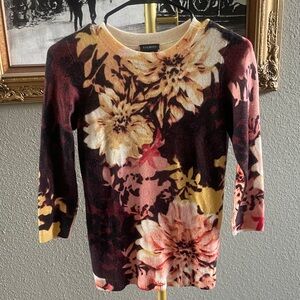 Talbots Cashmere Floral Crewneck Sweater in Cream, Yellow & Burgundy